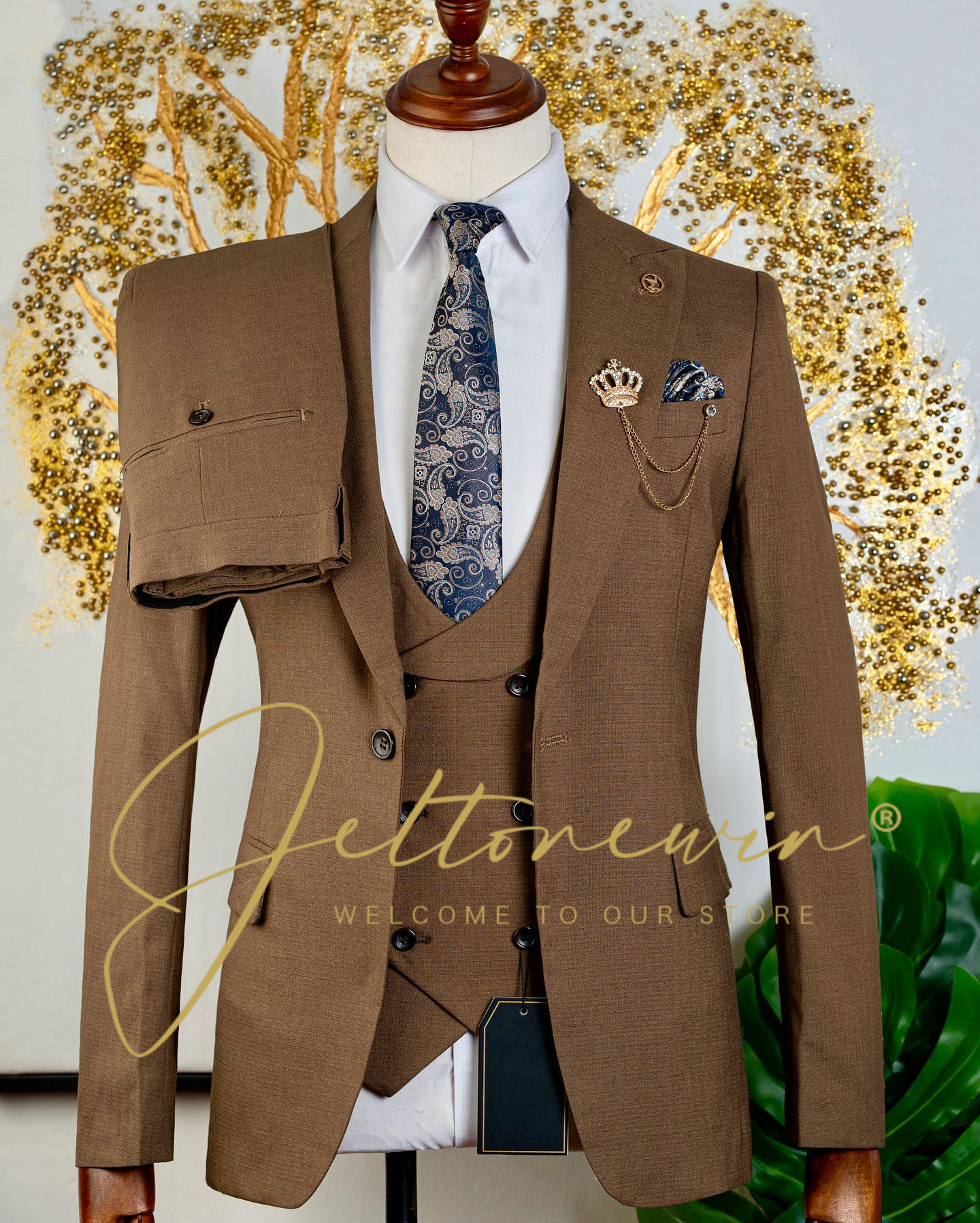 Men's Brown Three Piece Suit w - Men Formal Wear Brown ulasan dan harga